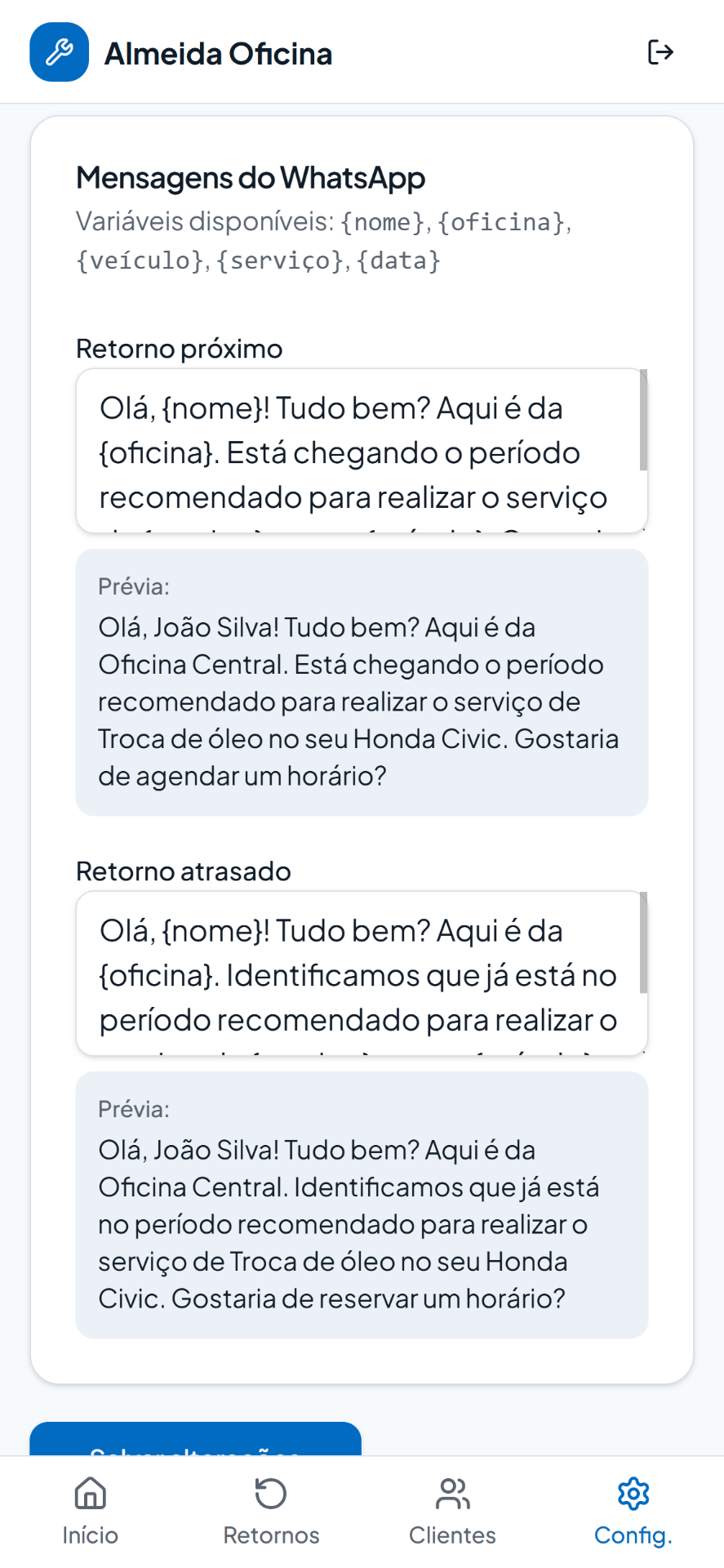 Mensagens WhatsApp — Recuperator